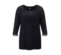 Ulla Popken Femme Grandes Tailles Pull à col Rond et Franges, Manches 3/4 et Transparence Marine 50+ 817489770-50+