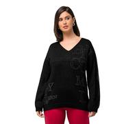 Ulla Popken Femme Grandes Tailles Pull à Manches Longues et col en V, Petites Pierres Fantaisie Noir 50+ 823721100-50+