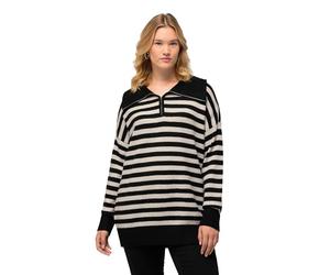 Ulla Popken Femme Grandes Tailles Pull Camionneur rayé. Coupe Oversized, Fermeture à glissière, Manches Longues. Noir 50+ 825060100-50+