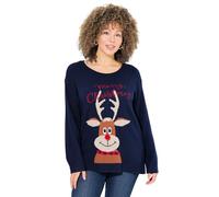 Ulla Popken Femme Grandes Tailles Pull de Noël à col Rond et Manches Longues, Motif Rennes Marine 46+ 833713130-46+