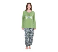 Ulla Popken Femme Grandes Tailles Pyjama Manches Longues et col en V, T-Shirt à Message et Pantalon à Fleurs Vert Mousse 46+ 833282427-46+