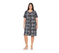 Ulla Popken Femme Grandes Tailles Robe en Jersey à Fleurs. Décolleté V et Manches Courtes. Coupe évasée Noir 54+ 840354100-54+