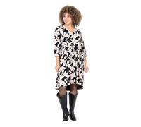Ulla Popken Femme Grandes Tailles Robe en Jersey à imprimé Feuilles, Ligne A, avec col en V et Manches 3/4 Noir 54+ 834745100-54+