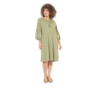Ulla Popken Femme Grandes Tailles Robe en Jersey avec Broderies. Col Tunisien et Manches 3/4. Coupe évasée Vert étang 46+ 840038423-46+