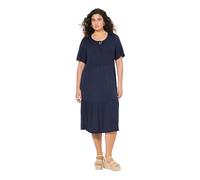 Ulla Popken Femme Grandes Tailles Robe en Jersey, décolleté Rond, empiècement smocké et Manches Courtes en Forme de Cloche Marine 58+ 837424130-58+