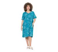 Ulla Popken Femme Grandes Tailles Robe en Jersey, imprimé Feuilles. Décolleté V et Manches Courtes. Coupe évasée Essence Noire 46+ 838482769-46+