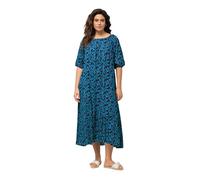 Ulla Popken Femme Grandes Tailles Robe midi à col Rond et Manches Courtes. Volant à la Base et Motif vrilles Marine 46+ 831692130-46+
