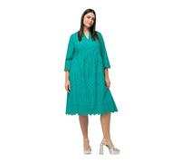 Ulla Popken Femme Grandes Tailles Robe midi en Dentelle ajourée. Silhouette en A. Col Tunisien et Manches 3/4. Turquoise 54+ 816704456-54+