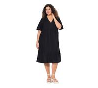 Ulla Popken Femme Grandes Tailles Robe midi en Seersucker. Décolleté V et Manches Courtes. Coupe évasée Noir 50+ 839746100-50+