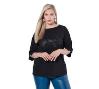 Ulla Popken Femme Grandes Tailles T-Shirt à Encolure Bateau et Manches Longues, Motif Floral Noir 54+ 843290130-54+