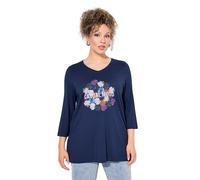 Ulla Popken Femme Grandes Tailles T-Shirt à Fleurs, col en V et Manches 3/4, Collection Classic Bleu Encre 54+ 835045740-54+