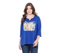 Ulla Popken Femme Grandes Tailles T-Shirt à Fleurs, col Tunisien et Manches 3/4, Coupe évasée Bleu Roi 62+ 835207750-62+