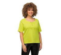 Ulla Popken Femme Grandes Tailles T-Shirt à Manches Courtes et col en Forme de cœur en Jersey côtelé, laçage Fantaisie Citron Vert 50+ 818778402-50+