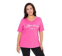 Ulla Popken Femme Grandes Tailles T-Shirt décolleté en V et Manches Courtes, Inscription London, Coupe Slim Fit Rose Vif 62+ 847248802-62+