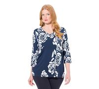 Ulla Popken Femme Grandes Tailles T-Shirt Fluide, imprimé Grandes Fleurs, décolleté en V et Manches 3/4 Marine 58+ 834539130-58+