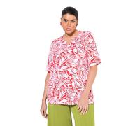 Ulla Popken Femme Grandes Tailles T-Shirt, Motif Feuilles. Manches Courtes et col Tunisien. Coupe évasée poivron 46+ 839011526-46+