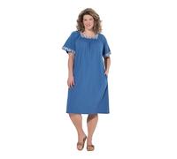 Ulla Popken Femme Robe Longueur midi, Broderies sur Les Manches et Autour du décolleté carré, Manches Courtes Papillon Bleu Jean 58+ 847688721-58+