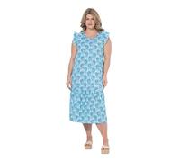 Ulla Popken Femme Grandes Tailles Robe Maxi en Coton Bio, Motif Coquillages et décolleté en V, Manches Courtes avec ruchés Bleu Jean 54+ 849746721-54+
