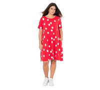 Ulla Popken Midikleid, Punkte, A-Linie, Taschen, Rundhals, Halbarm Robe midi en Jersey avec Petit Volant au Niveau de l'ourlet, imprimé à Pois, Rouge Fluo, 54-56 Femmes