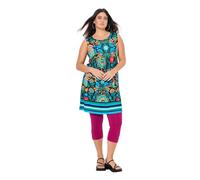 Ulla Popken Mini Robe en Jersey pour Femme, Motif Floral, Ligne A, col Rond, sans Manches, avec Bordure imprimée, Vert Menthe, 54-56
