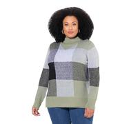 Ulla Popken Pullover, Karomuster, Stehkragen, Langarm Pull-Over, Vert Sauge, 60 FR/62 FR Femme
