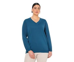Ulla Popken Pullover, V-Ausschnitt, Langarm, Weicher Feinstrick, Pull-Over Femme, Blaugrün, 46-50