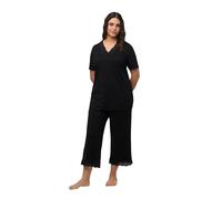 Ulla Popken Pyjama, Broderie perforée, col en V, Manches mi-Longues, mélange de Modal, Noir, 50-52 Femme