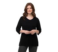 Ulla Popken, Rippjersey, V-Ausschnitt, 3/4-arm, Biobaumwolle T-Shirt en Jersey côtelé, col en V, Manches 3/4, Coton Biologique, Noir, 44-46 Femmes