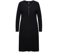 Ulla Popken Rippjersey-Midikleid, Zipper, A-Linie, V-Ausschnitt, Langarm Robe, Noir, 60-62 Femmes