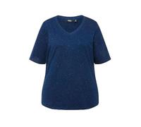 Ulla Popken T- Shirt à Picots col en V Demi-Manches, Bleu foncé, 52-54 Femme