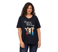 Ulla Popken T- Shirt, col en V, Animaux de Noël, Marine, 56-58 Femme