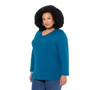 Ulla Popken T-Shirt pour Femme Grandes Tailles Grandes Tailles, col en V, décontracté, Manches Longues, Bleu-Vert, 68/70 FR