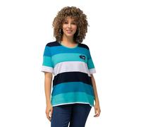 Ulla Popken T- Shirt, Ringel, Herz-Stickerei, Rundhals, Halbarm rayé avec Broderie, Classique, Aqua Profond, 54-56 Femme