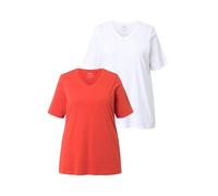 Ulla Popken T- Shirts, 2er-Pack, V-Ausschnitt, Halbarm, Biobaumwolle, Argile brûlée, 54-56 Femmes