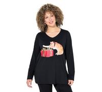Ulla Popken Weihnachtsshirt, Katze, A-Linie, V-Ausschnitt, Langarm T-Shirt, Noir, 50-52 Femmes