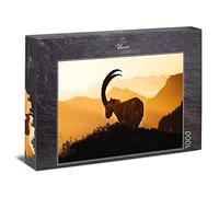 Ulmer Puzzleschmiede - Puzzle Animalier Le Roi des Alpes - Puzzle Classique de 1000 pièces Made in Germany - Le Puissant Bouquetin sur la Montagne au Coucher du Soleil