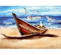 Ulmer Puzzleschmiede - Puzzle Bois flotté: Puzzle 1000 pièces - Peinture de Paysage à la mer : Un Vieux Bateau et des Oiseaux de mer sur la Plage