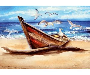Ulmer Puzzleschmiede - Puzzle Bois flotté: Puzzle 1000 pièces - Peinture de Paysage à la mer : Un Vieux Bateau et des Oiseaux de mer sur la Plage