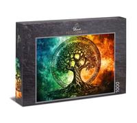 Ulmer Puzzleschmiede Puzzle de 1000 pièces « Arbre de vie dans un cercle de runes » - Yggdrasil de la mythologie nordique - À la fois coloré et sombre - Qualité du puzzle fabriqué en Allemagne