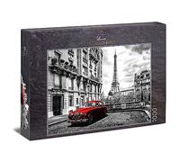 Ulmer Puzzleschmiede - Puzzle Paris: Puzzle 1000 pièces - Motif nostalgique de Paris en Noir et Blanc avec Voiture Rouge, Tour Eiffel en arrière-Plan