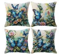 ULOVE LOVE YOURSELF Lot de 4 housses de coussin avec motif papillon de style rétro et rustique pour canapé, porche, terrasse - 45,7 x 45,7 cm - Bleu