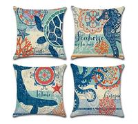 ULOVE Love Yourself Lot de 4 Housses de Coussin carrées décoratives en Coton et Lin sur Le thème de l'océan - 45,7 x 45,7 cm - Thème Marin - 2
