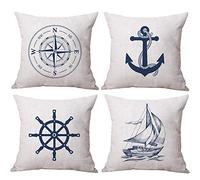 ULOVE LOVE YOURSELF Lot de 4 Housses de Coussin décoratives sur Le thème de l'océan, Boussole, Ancre, voilier, Navigation sur Le thème de l'océan, 45,7 x 45,7 cm, Bleu