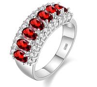 Uloveido Bague de mariage pour femmes en couleur argent avec oxyde de zirconium rouge taille ovale et 7 pierres, bague de naissance J501, P1/2(57mm), Cristal, Zircone cubique