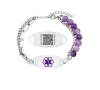 Uloveido Bracelet d'alerte médicale personnalisé pour les femmes, QR code gravé demi-perle demi-chaîne design avec acier inoxydable, double couche réglable avec pierres naturelles de lépidolite YA5493