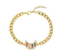Uloveido Bracelet Lune Croissante, Chaîne Gourmette Dorée en Acier Inoxydable avec Zirconias Multicolores Irréguliers, Bijou Mystérieux pour Femme, YA5400