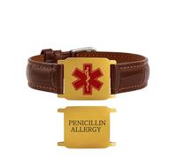 Uloveido Bracelet Médical Femme en Cuir Marron - Bracelet Élégant avec Plaque Acier Inox Gravée - Bijou Identification Urgence Y6041