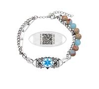 Uloveido Bracelet médical gravé avec code QR personnalisé pour les femmes, perle et chaîne de liaison Design, alerte d'état cardiaque avec pierre Shoushan, double couche réglable YA5493
