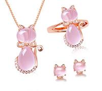Uloveido Cat Shape Light Pink Crystal Ensemble de Bijoux plaqué Or Rose pour Femme, Clip sur Boucles d'oreilles, Bague et Pendentif pour Adolescentes (Taille 57) Y427