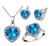 Uloveido Charme Bleu Amour Coeur Pendentif Collier Bague Ensemble pour Femmes mariée Anniversaire Mariage Boucles d'oreilles Bijoux Ensemble pour Filles Femmes Petite Amie Maman T481